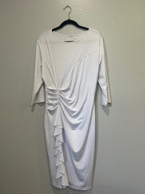 Women's White Ruched Ruffle Sheath Dress